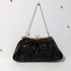 NWOT Bow Front Black Sequined Satin Chain Clutch